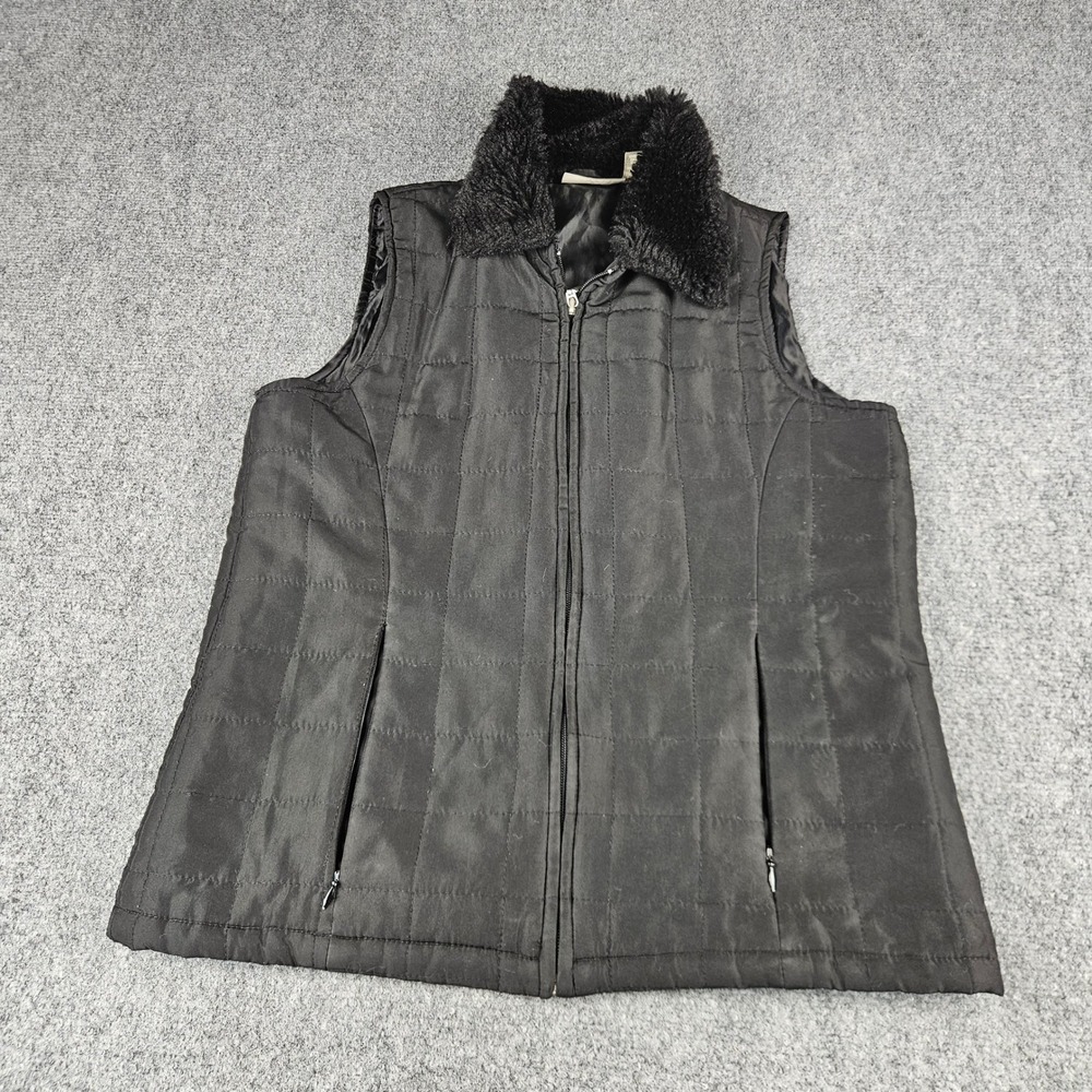 Jane Ashley Petite Black Quilted Vest Faux Fur Collar Zip Up Pockets PS